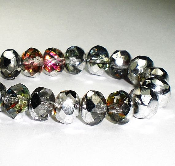 Vitrail Purple Green Turquoise Gold Silver Czech Glass Beads 6x8mm Faceted Rondelle Beads RON8-10 Pcs. 987