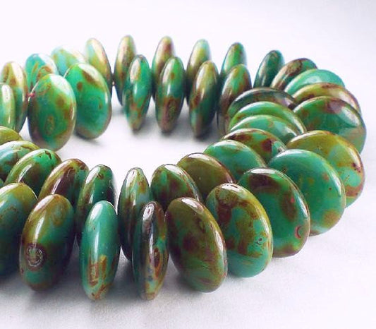 Top Drilled Lentils Picasso Czech Glass Beads Greens 12mm 25 pcs. TDL-029