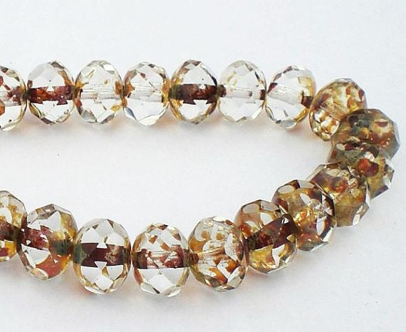 Czech Glass Beads 8mm Clear Faceted Rondelle Beads with an Amber Picasso Finish 10 Pcs. RON8-180