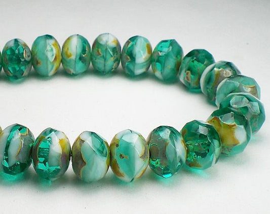 Picasso Czech Glass Beads, 8mm Emerald Green and White Faceted Rondelles 10 Pcs. 1027