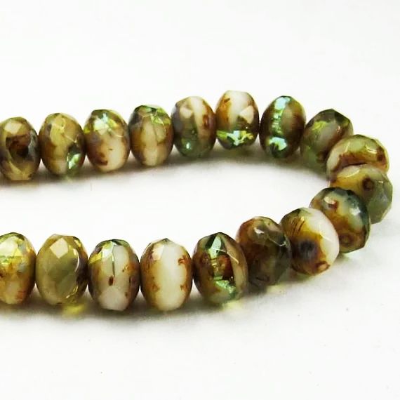 Czech Glass Beads 5mm Faceted Green, White  and Amber Beads, Picasso Finish Rondelle Beads 30 Pieces 1342