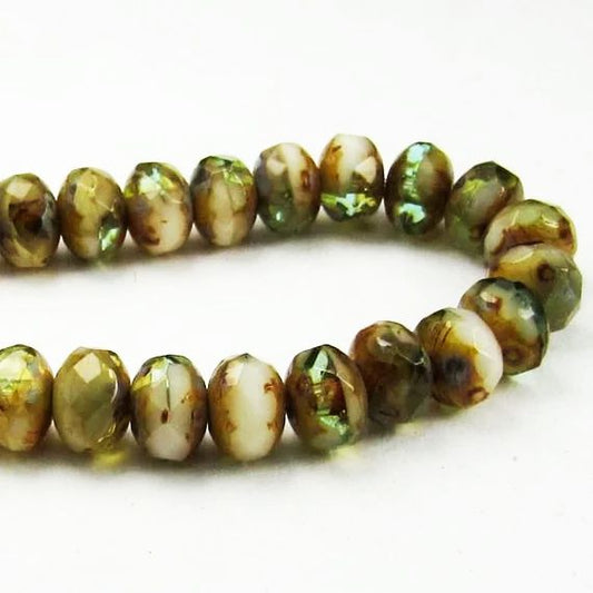 Czech Glass Beads 5mm Faceted Green, White and Amber Beads, Picasso Finish Rondelle Beads 30 Pieces 1342