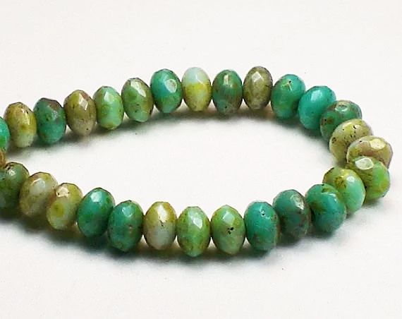 Czech Glass Beads, 5mm 30 Faceted Blue and Green Turquoise Picasso Finish Rondelles 5mm 725