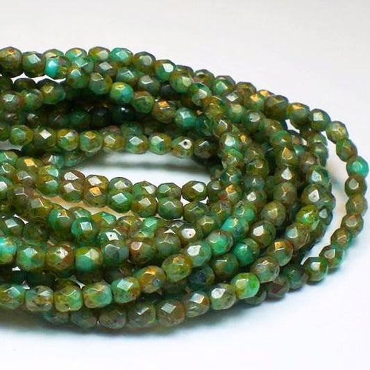 Aqua Turquoise Picasso Czech Glass Fire Polished 4mm Faceted Round Beads 50 pcs. 4mm/166