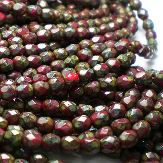 Red Picasso Czech Glass Fire Polished 4mm Faceted Round Beads 100 pcs. 4mm/117