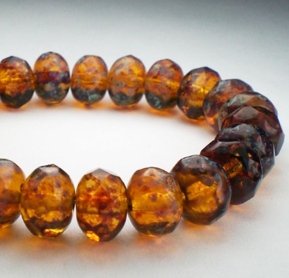 Czech Glass Beads 8mm Amber Faceted Rondelle Beads with a Blue Picasso Finish 10 Pcs. RON8-583