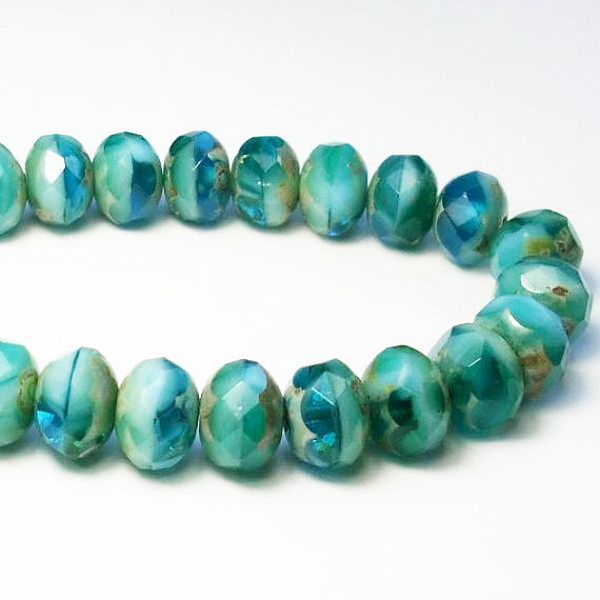 Picasso Czech Glass Beads Turquoise, Capri Blue and Sky Blue 8mm Faceted Rondelle Beads 10 Pcs. 590