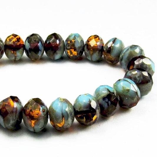 Picasso Czech Glass Beads, 7mm Faceted Beads, Amber and Sky Blue Rondelle Beads 15 Pieces 7-1385