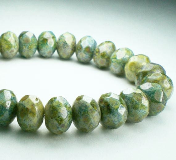 Blue and Green Czech Glass Faceted Rondelle Beads Olive Picasso 10 pcs. RON8-729