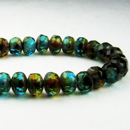 Picasso Czech Glass Beads, 5mm Faceted Beads, Amber and Capris Blue Rondelle Beads 30 Pcs. 5-839