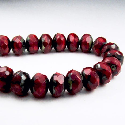 Gorgeous Ruby Red and Ladybug Picasso Czech Glass Beads, Faceted Rondelle 8mm Green and Blue Finish 10 pcs. RON8-612