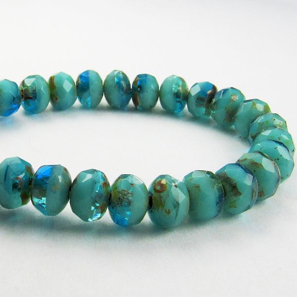 Czech Glass Beads Green & Blue with a Picasso Finish Faceted Rondelle Beads 964