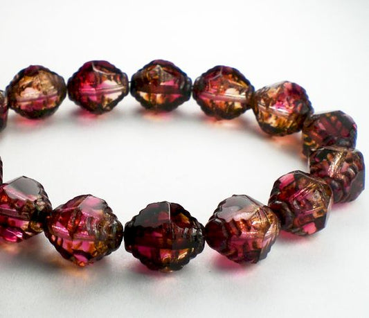 Picasso Czech Glass Beads 10mm Carved Bicone Rose Pink and Amber Bead 10 Pcs. B-069
