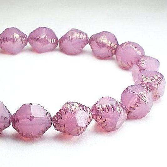 Picasso Czech Glass Beads 10mm Carved Bicone Mauve Pink Opalite 10 Pcs. B-447