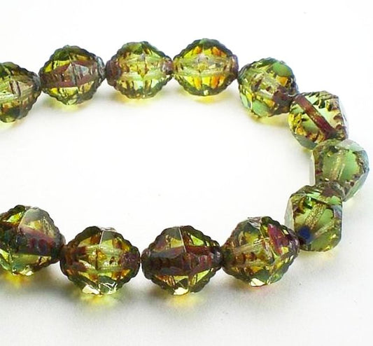 Picasso Czech Glass Beads 10mm Carved Bicone Olivine Green Bead 10 Pcs. B-443