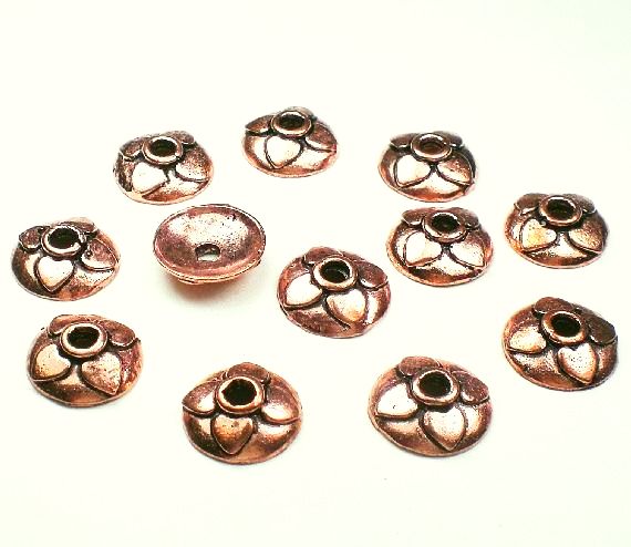 11mm Solid Copper Bead Caps 4 Petal Bead Caps Low Dome Large Hole