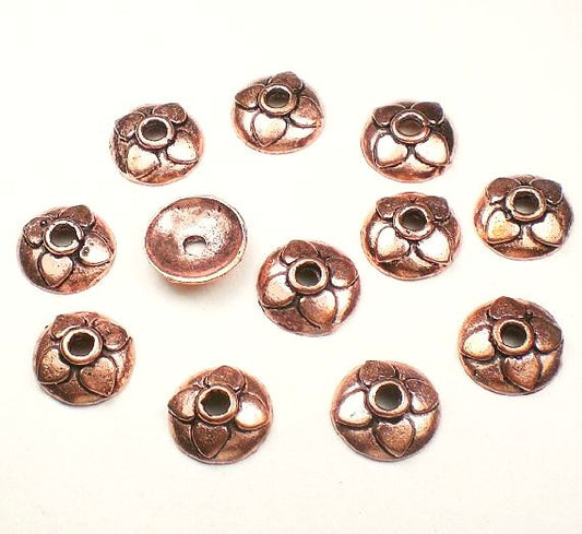 11mm Solid Copper Bead Caps 4 Petal Bead Caps Low Dome Large Hole 12 pcs. GC-332A