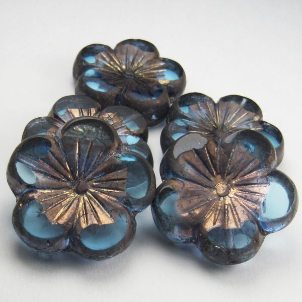 22mm Blue Hibiscus Flower Beads with Copper Picasso, Czech Glass Beads 2 pcs. F-1122