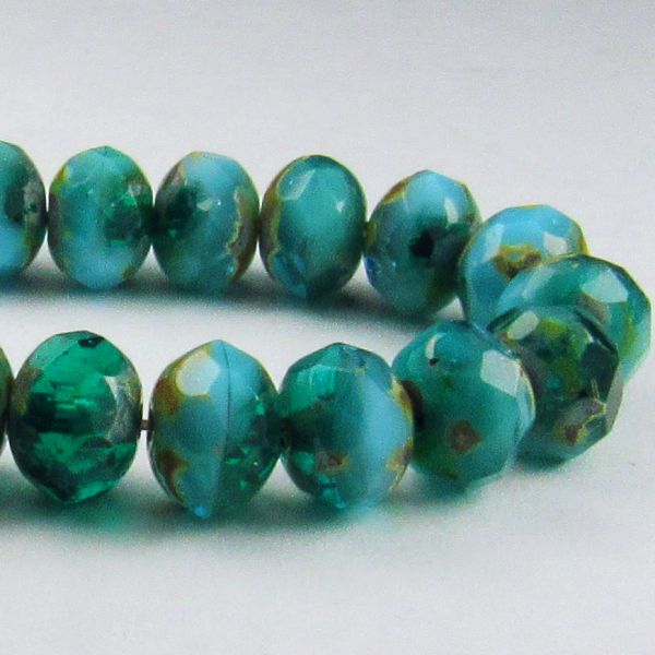 Sky Blue and Green Picasso Czech Glass Beads 7mm Faceted Czech Rondelle Beads 15 Pcs. 768-B