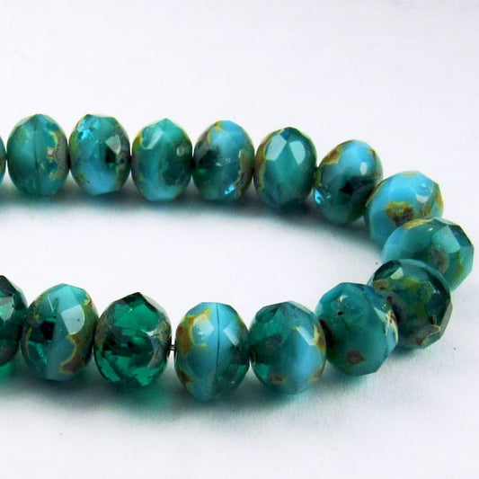 Sky Blue and Green Picasso Czech Glass Beads 7mm Faceted Czech Rondelle Beads 15 Pcs. 768-B
