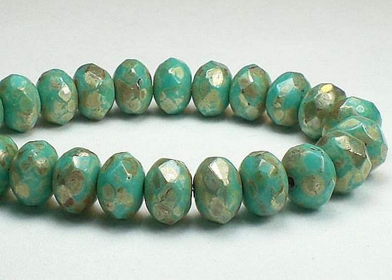 Turquoise Czech Glass Beads Silver Picasso 6 x 8mm Faceted Rondelle Beads 10 Pcs. RON8-110