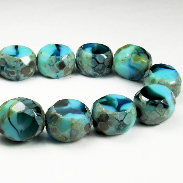 Picasso Czech Glass Picasso Sky Blue, Turquoise and Emerald Green 12mm Table Cut Beads 6 Pcs. TC-915
