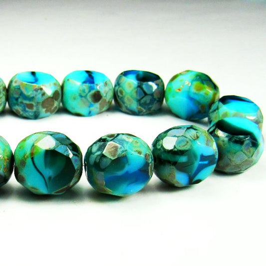 Picasso Czech Glass Picasso Sky Blue, Turquoise and Emerald Green 12mm Table Cut Beads 6 Pcs. TC-915