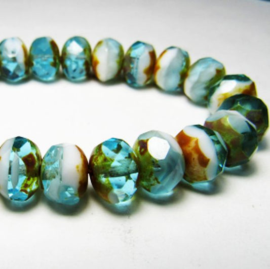 Czech Glass Beads 8mm Aqua Blue, White and Light Blue with Amber Picasso Faceted Rondelles 10 Pcs. RON8-037