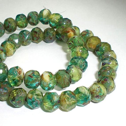 Picasso Czech Glass Beads 4 x 6mm Faceted Aqua Blue and Yellow Rondelles 15 pcs. RON6-045