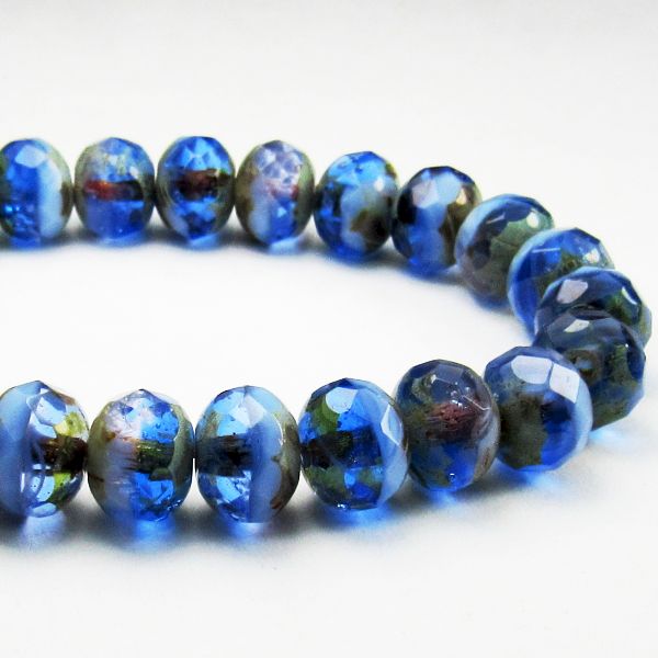 Sapphire Blue Picasso Czech Glass Beads 7mm Czech Faceted Beads 15 Pcs.  Ron7-1271
