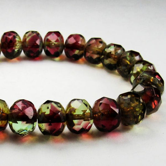 Picasso Czech Glass Beads, Fuchsia Pink, Green and Amber 8mm Faceted Rondelle Beads 10 Pcs. 1353