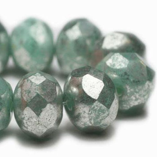Mint Czech Glass Beads , 8mm Mint Green Blue Faceted Rondelles, Silver Faux Mercury Finish 10 Pcs. 149