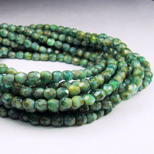 Aqua Turquoise Picasso Czech Glass Fire Polished 4mm Faceted Round Beads 50 pcs. 4mm/166-B