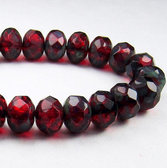 Ruby Red Picasso Czech Glass Beads Faceted Rondelle 6mm x 8mm Green Finish 10 pcs. RON8-681