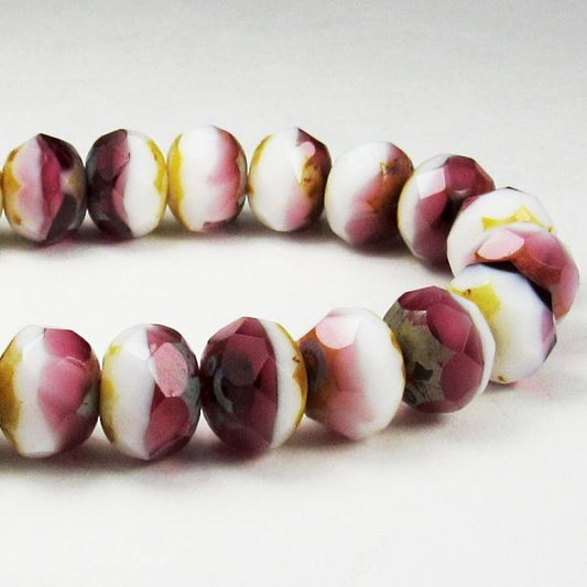 Picasso Czech Glass Beads, Burgundy Pink and White with a Picasso Finish, 8mm Faceted Rondelle Beads 10 Pcs. RON8-658
