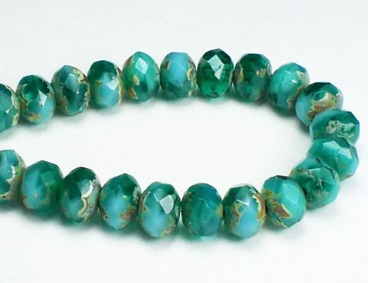 6mm Picasso Czech Glass Beads Sky Blue and Emerald Green Faceted Rondelles 15 Pcs. RON6-768