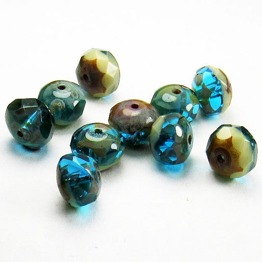 Pacific Blue and Bone Picasso Czech Glass Beads 8mm Faceted Rondelles 10 Pcs. 635 (037)
