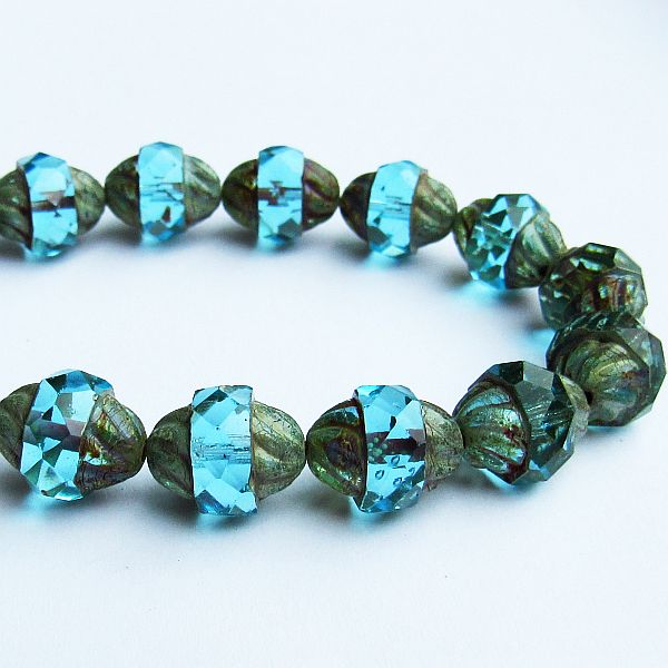 Aqua Blue Twisted Turbine Bead, Picasso Czech Glass Beads, Faceted Beads 11mm 10 pcs. T-021