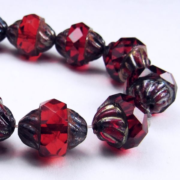 Ruby Red Twisted Turbine Bead, Faceted Picasso Czech Glass Beads 11mm 10 pcs. T-014