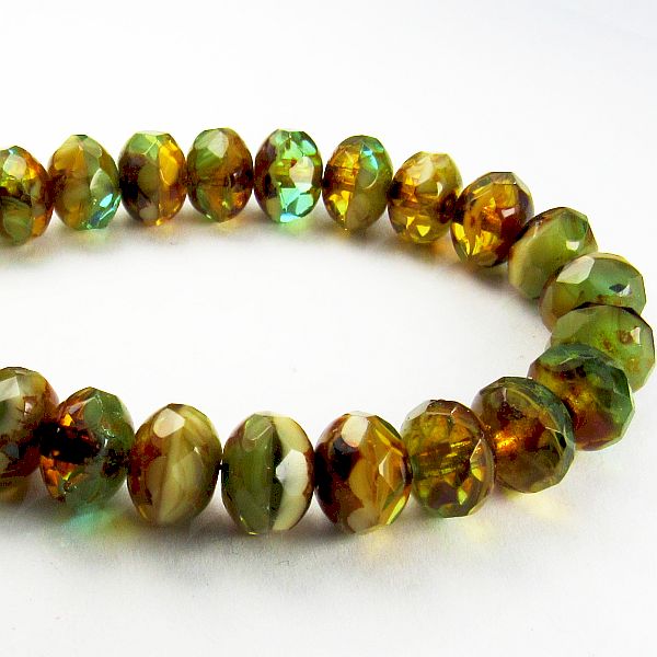 Picasso Czech Glass Beads, Woodsy Green, Amber and Ivory 8mm Faceted Rondelles 10 Pcs. 711