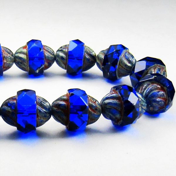 Sapphire Blue Turbine Picasso Czech Glass, Sapphire Beads, 11mm Blue Faceted Beads 10 pcs. T-1168