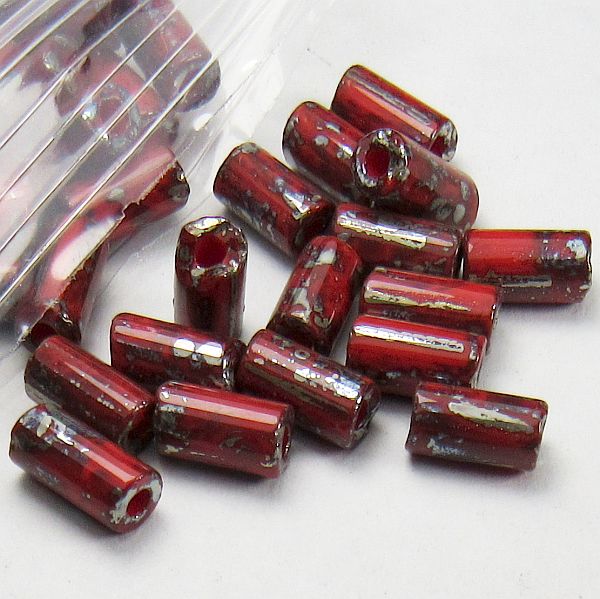 8mm Red Czech Glass Tube Beads with Silver Metallic Picasso Finish 20 Grams T-86806