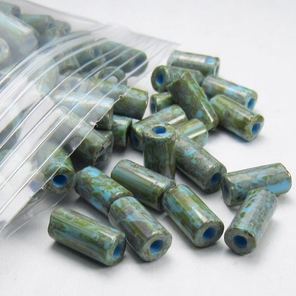 8mm Blue Czech Glass Tube Beads with a Green Picasso Finish 20 Grams T-86805-8