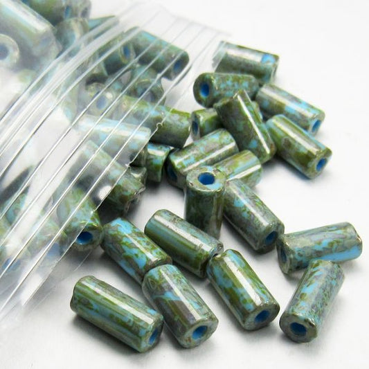 8mm Blue Czech Glass Tube Beads with a Green Picasso Finish 20 Grams T-86805-8
