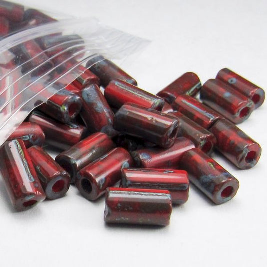 8mm Red Czech Glass Tube Beads with Blue Picasso Finish 20 Grams T-86800