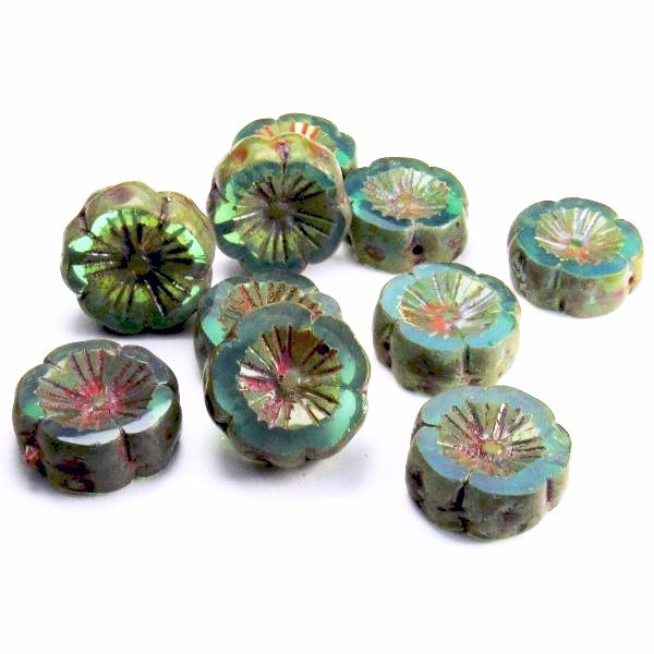 14mm Tea Green Turquoise Hibiscus Flower Bead, Picasso Czech Glass Beads 8 pcs. F-750