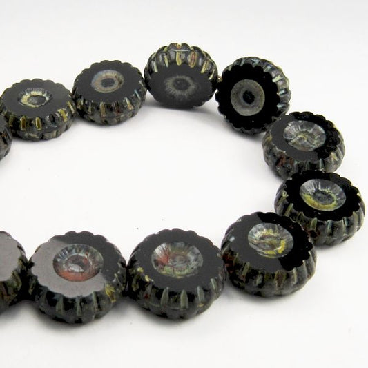 Black 12mm Czech Glass Daisy Flower with Picasso 10 pcs. F-293