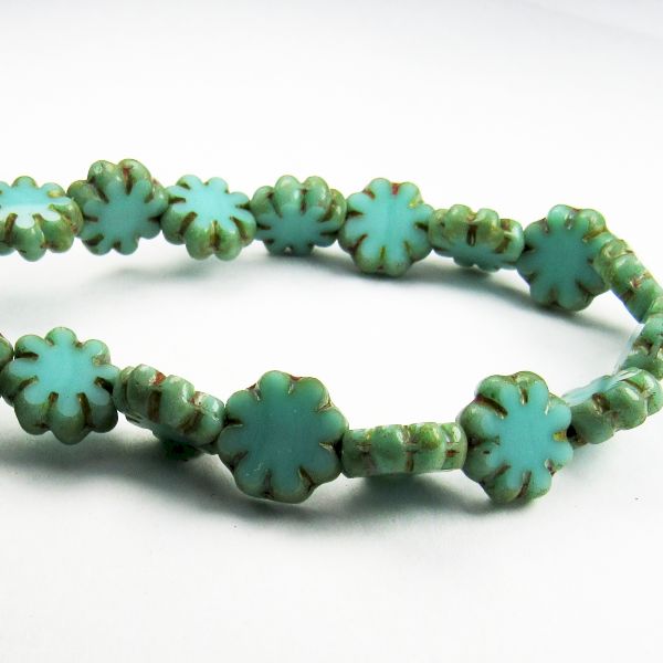 9mm Turquoise Sea Green Cactus Flower Beads Picasso Czech Glass 12pcs. F-414