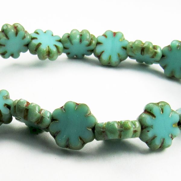 9mm Turquoise Sea Green Cactus Flower Beads Picasso Czech Glass 12pcs. F-414