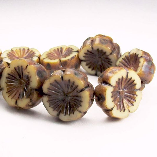 14mm Ivory Champagne Hibiscus Flower Bead, Picasso Czech Glass Beads 8 pcs. F-627